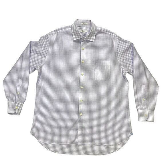 Peter Millar Dress Shirt Mens Sz 17 Long White Purple Plaid Cotton Button Front - Picture 2 of 16